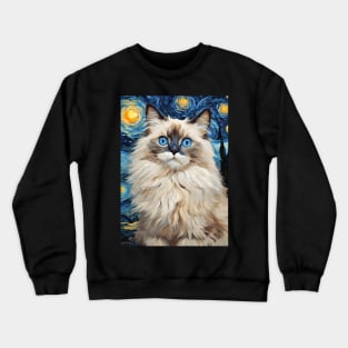 Cute Ragdoll Cat Breed Painting in a Van Gogh Starry Night Art Style Crewneck Sweatshirt